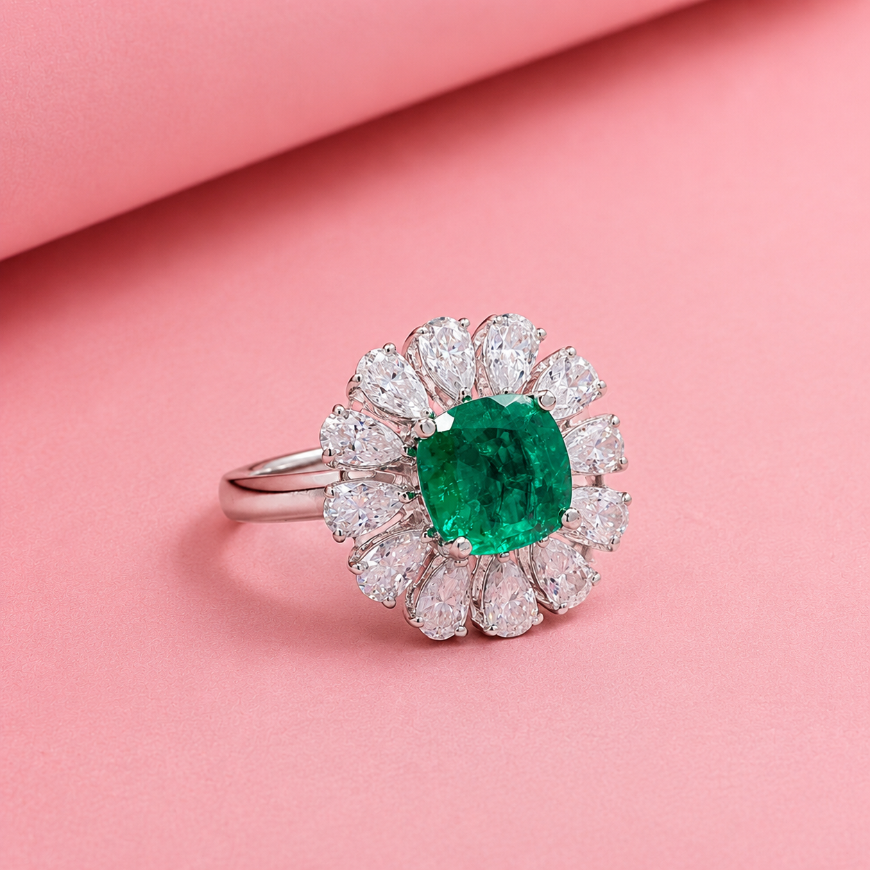 Floral Lab Grown Emerald Ring with Silver and Moissanite