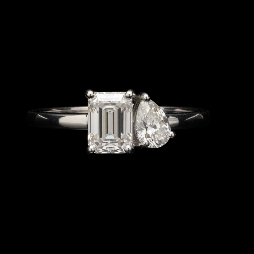 Moissanite Pear and Emerald Toi Et Moi Ring in Sterling Silver