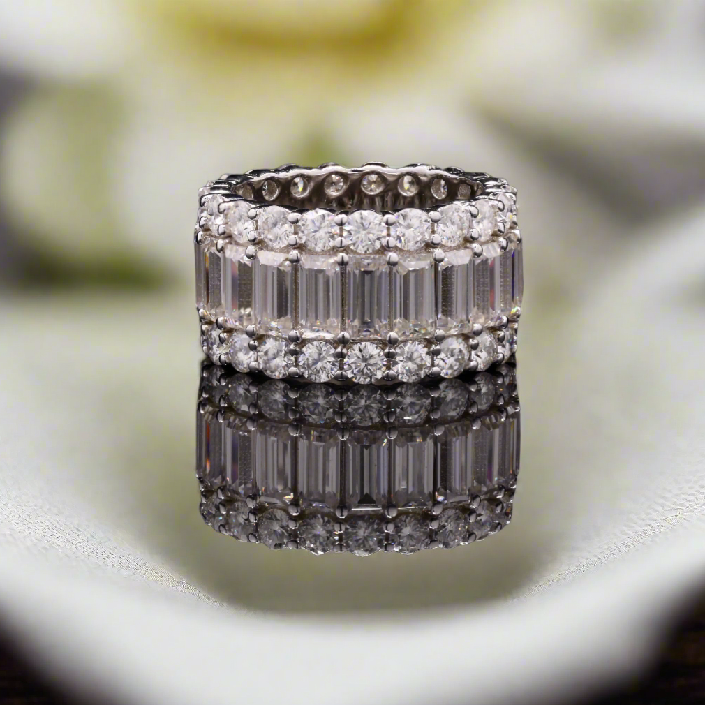 Classic Baguette Eternity Ring Band with Moissanite in Sterling Silver
