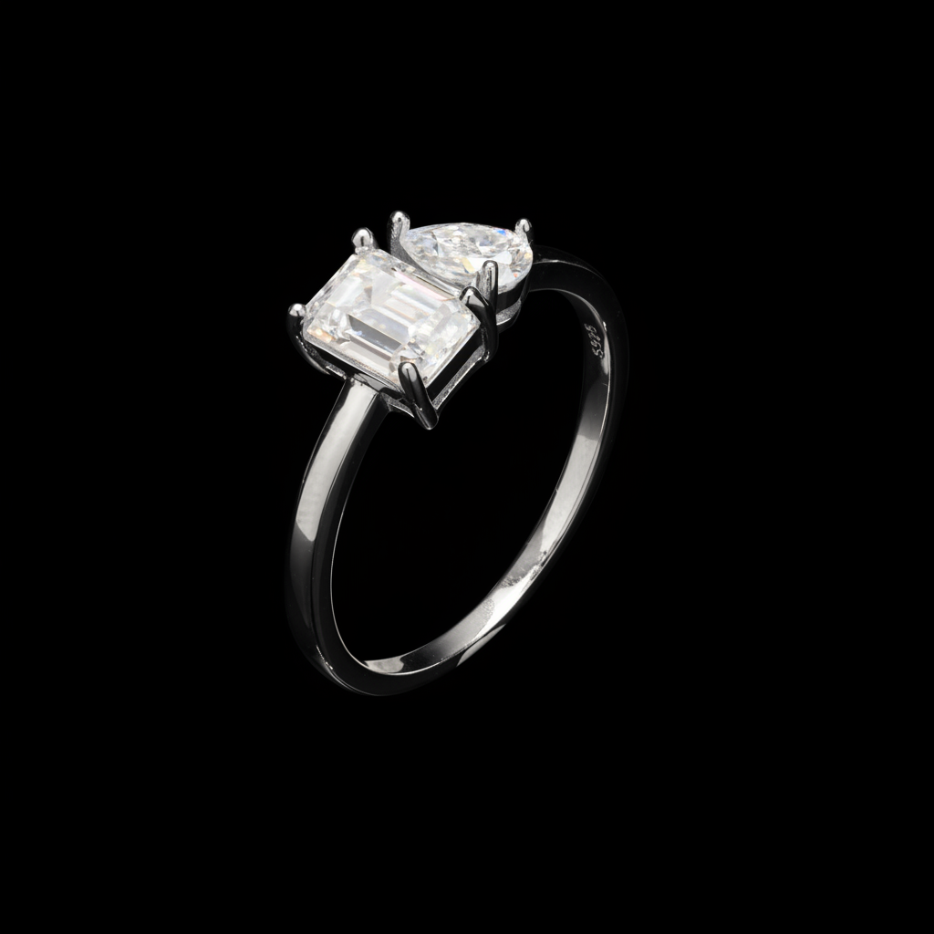 Moissanite Pear and Emerald Toi Et Moi Ring in Sterling Silver