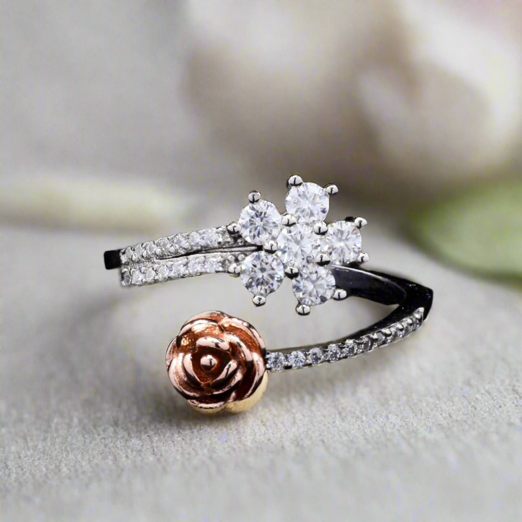 Rose Gold color Rose Ring in Sterling silver with Moissanite