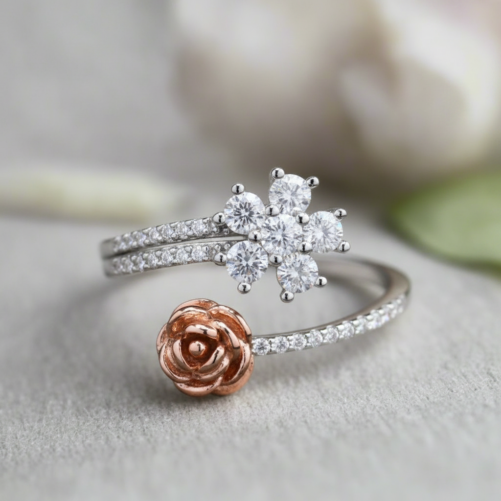 Rose Gold color Rose Ring in Sterling silver with Moissanite