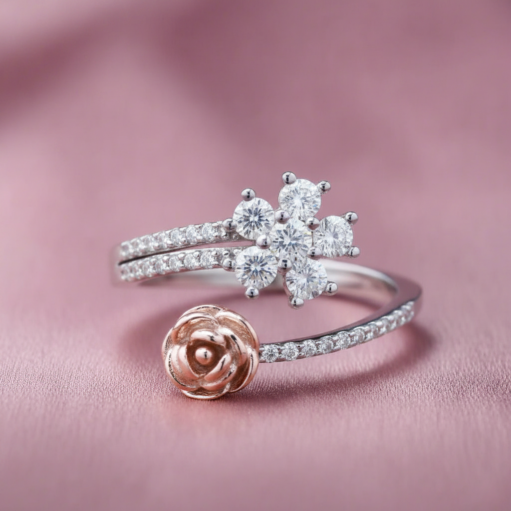 Rose Gold color Rose Ring in Sterling silver with Moissanite