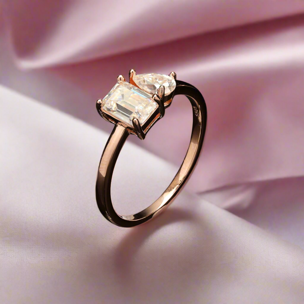 Moissanite Pear and Emerald Toi Et Moi Ring