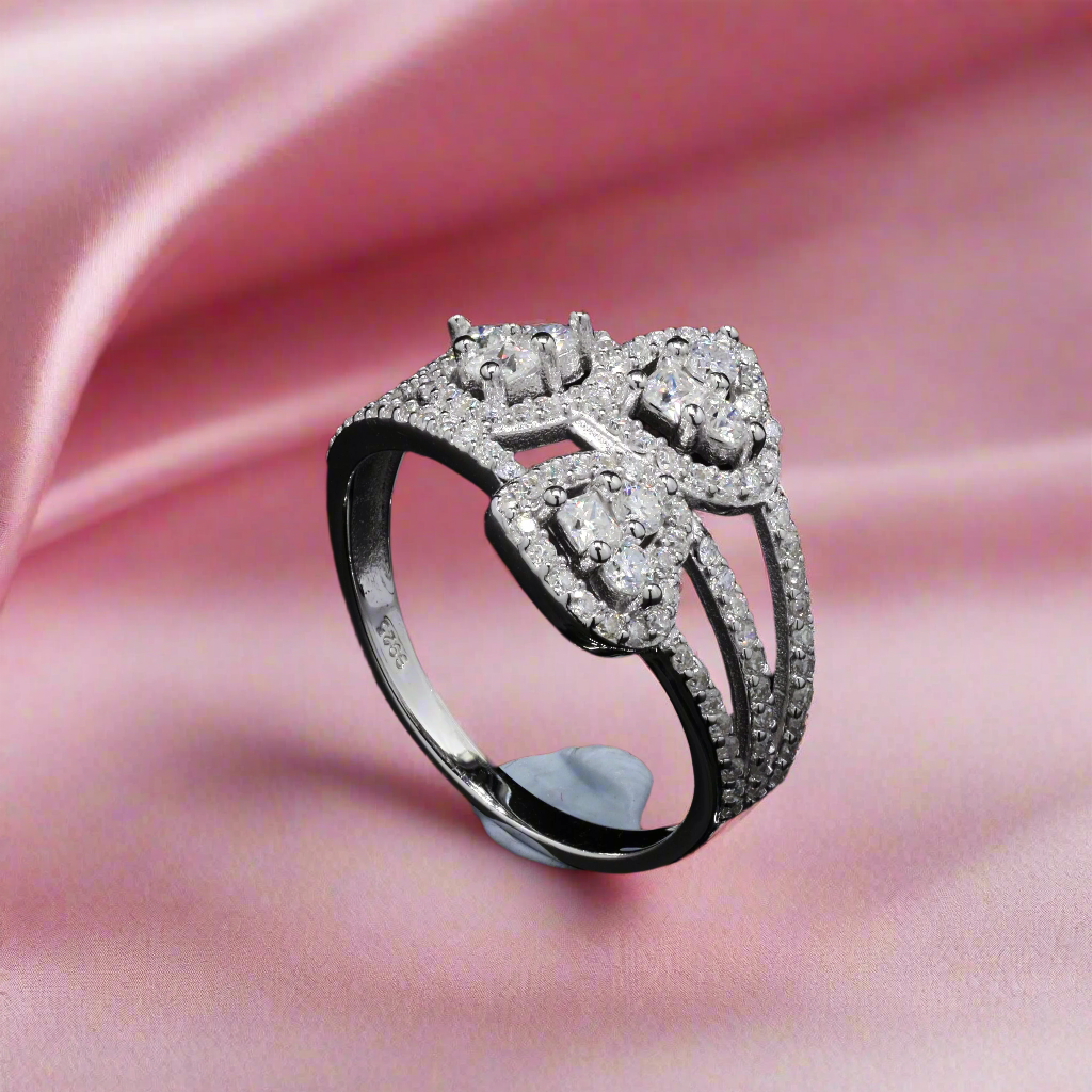 3 Stone Moissanite Heart Ring in Sterling Silver