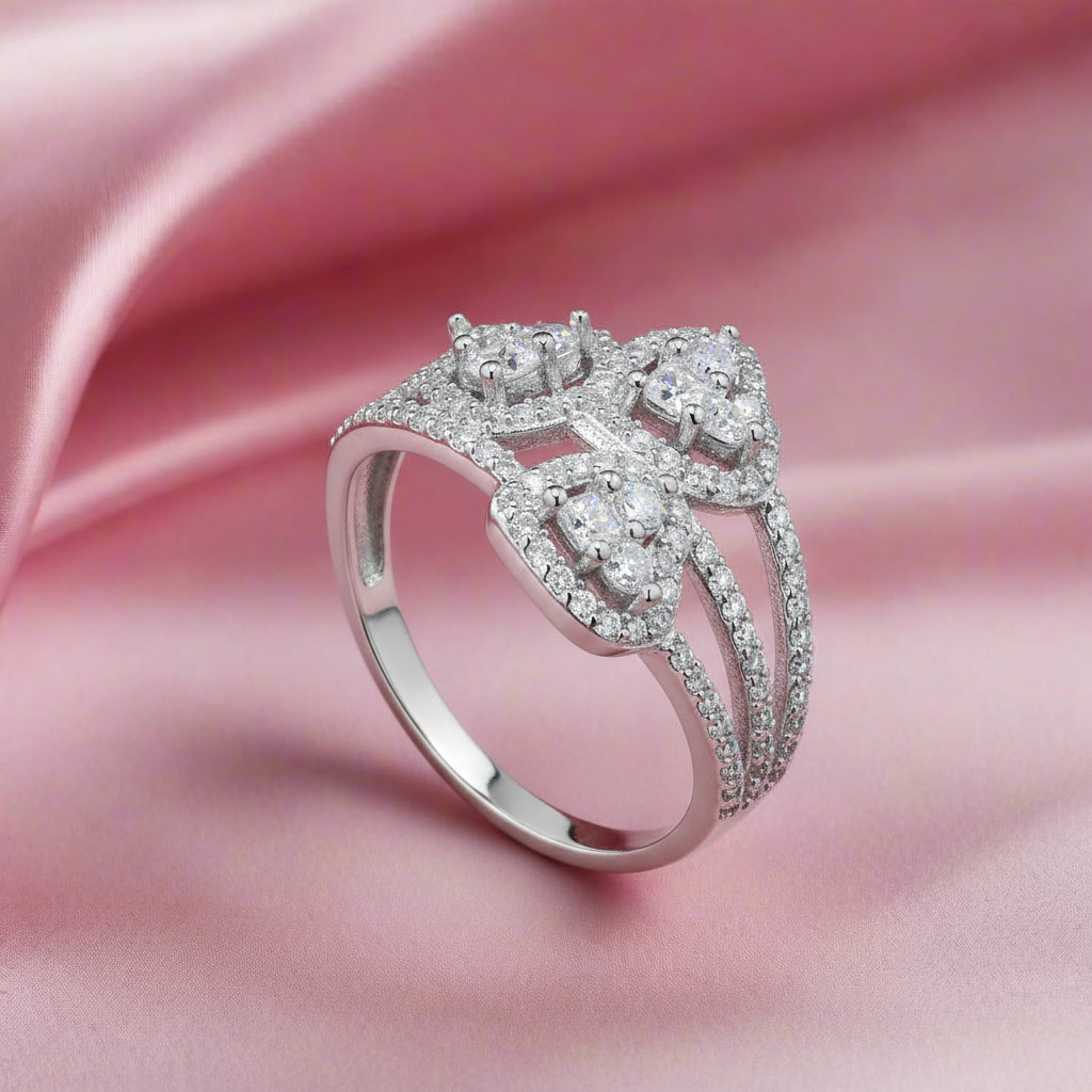 3 Stone Moissanite Heart Ring in Sterling Silver
