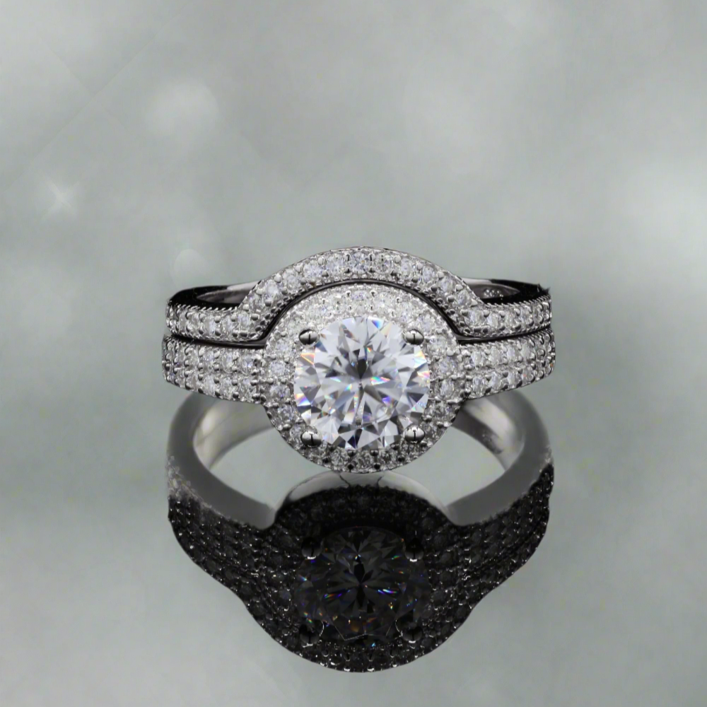 2 in 1 halo Engagement Ring Set with Moissanite in Sterling Silver