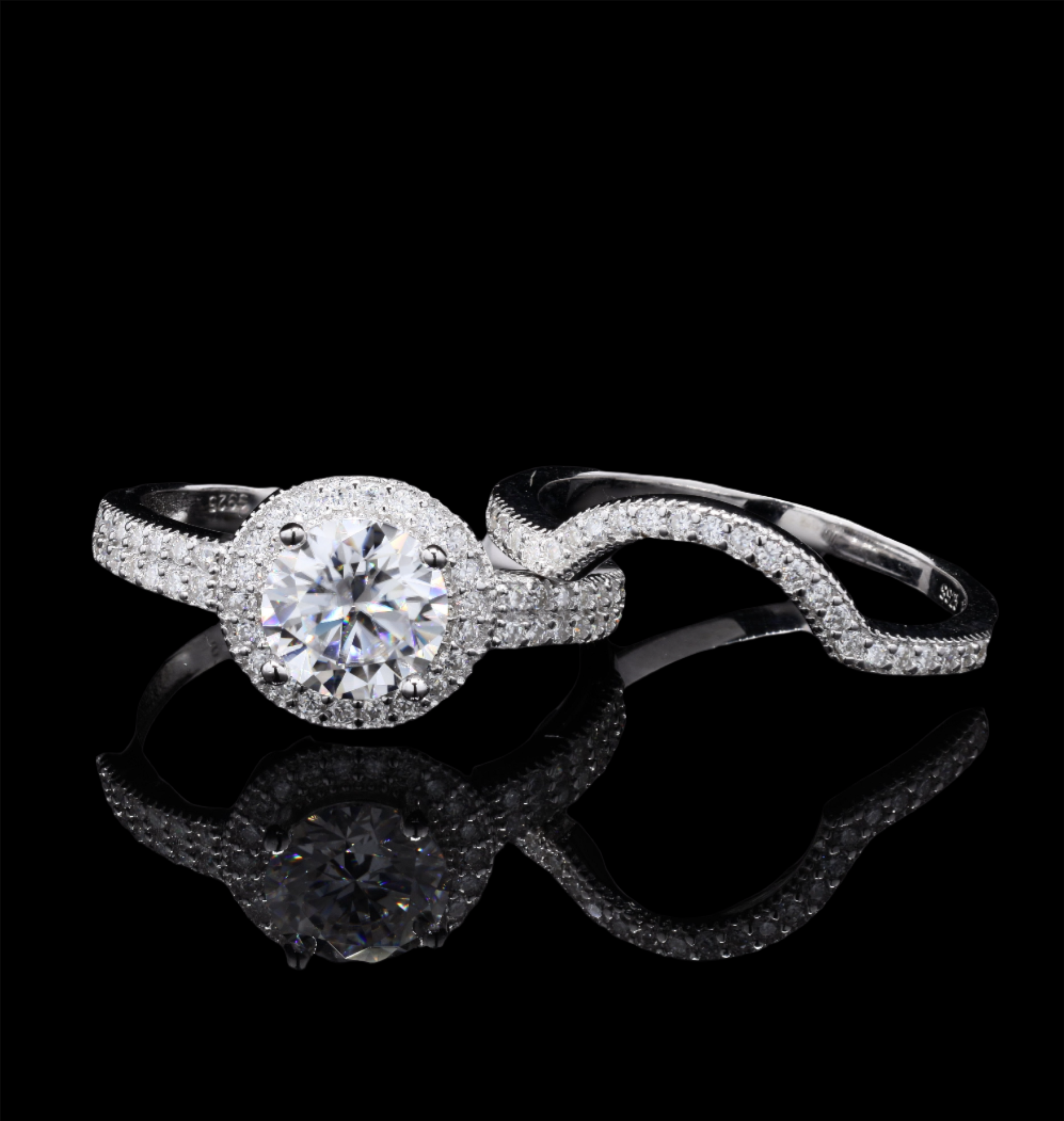 2 in 1 halo Engagement Ring Set with Moissanite in Sterling Silver