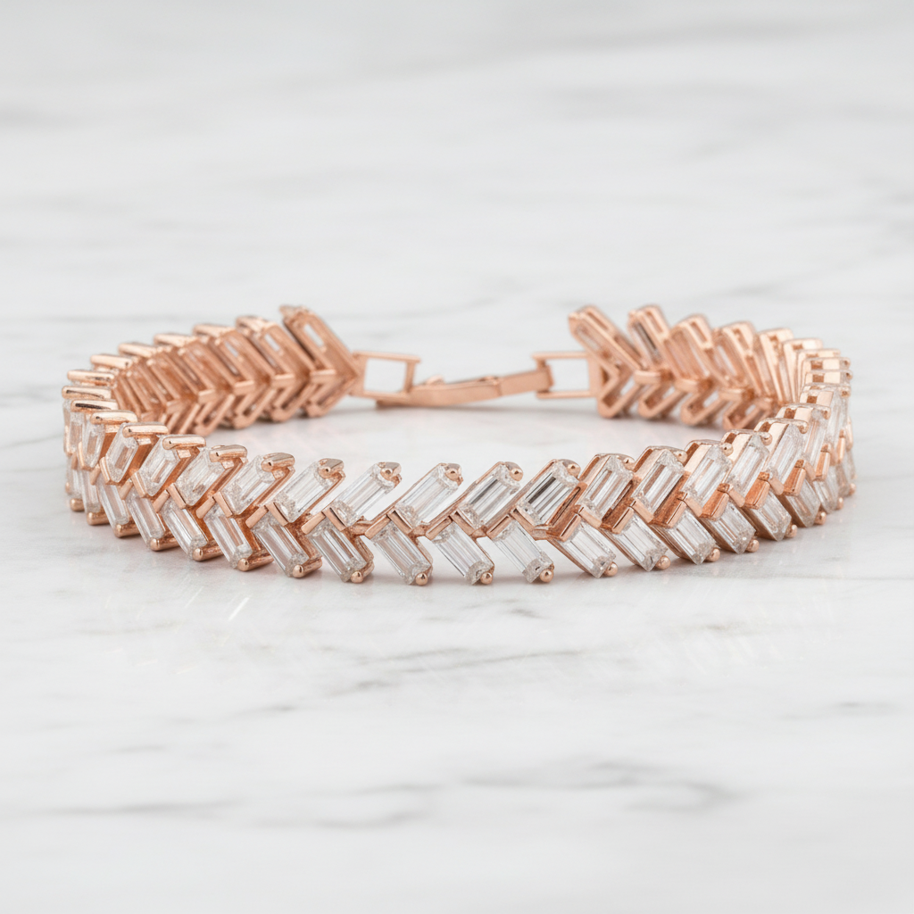Zipper Tennis Bracelet in Moissanite with Silver in Rose Gold Rhodium