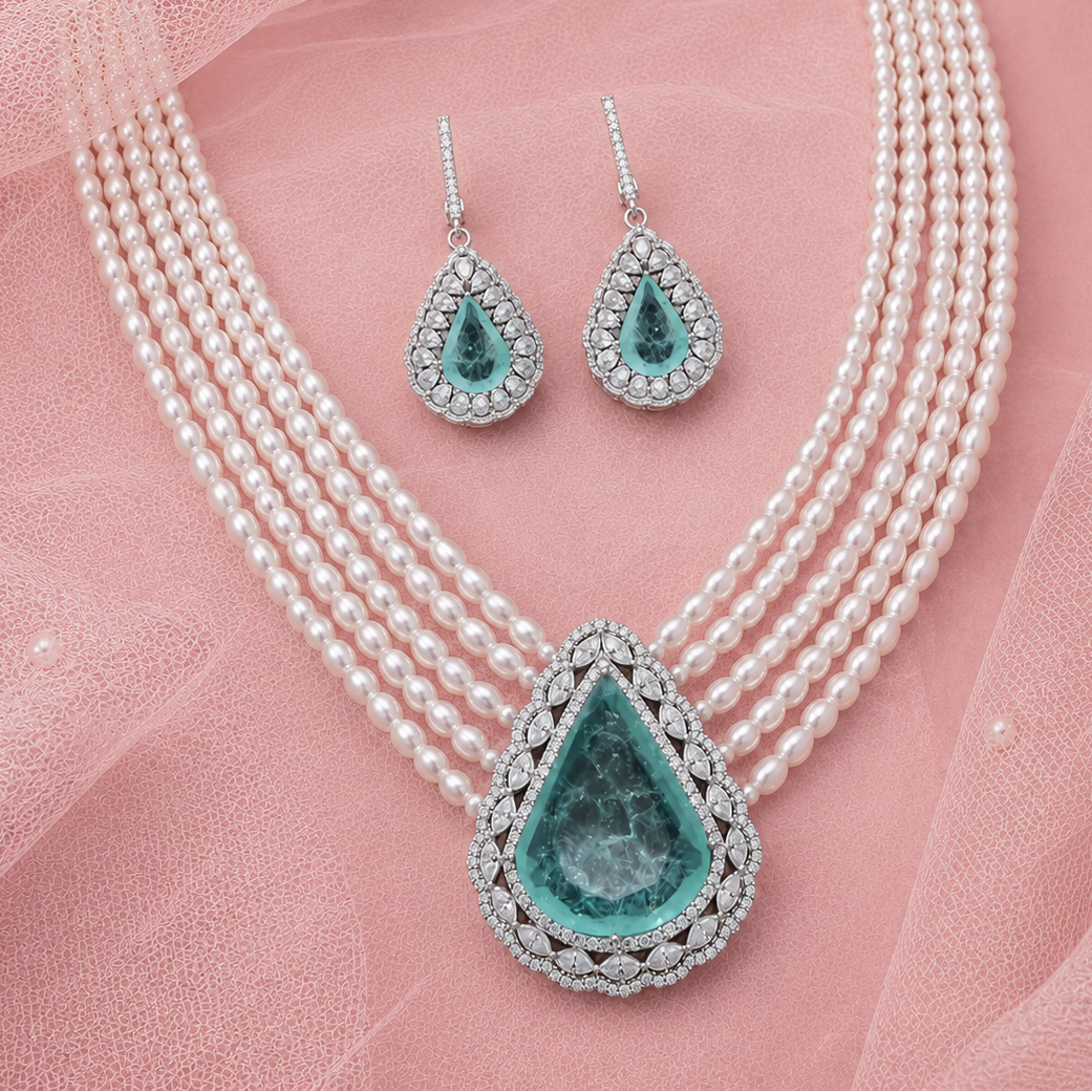 Forever Royale Lab-Grown Emerald, Moissanite and Pearl Necklace in Silver