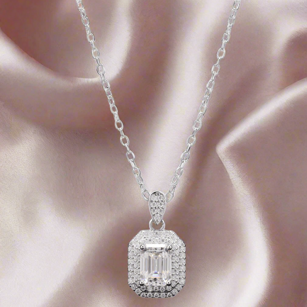 Delicate sparkle baguette Pendant in Moissanite with Silver