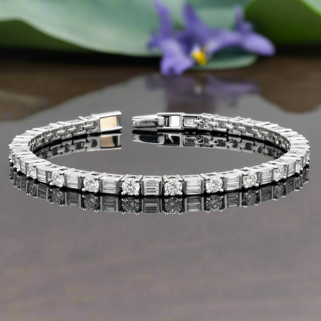 Emerald & Round Eternity Bracelet in Moissanite with Silver