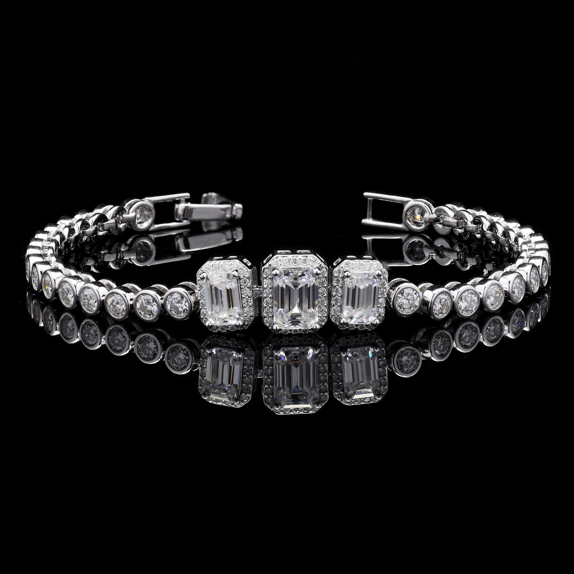 Emerald cut with Pave Moissanite Bracelet in 925 Silver