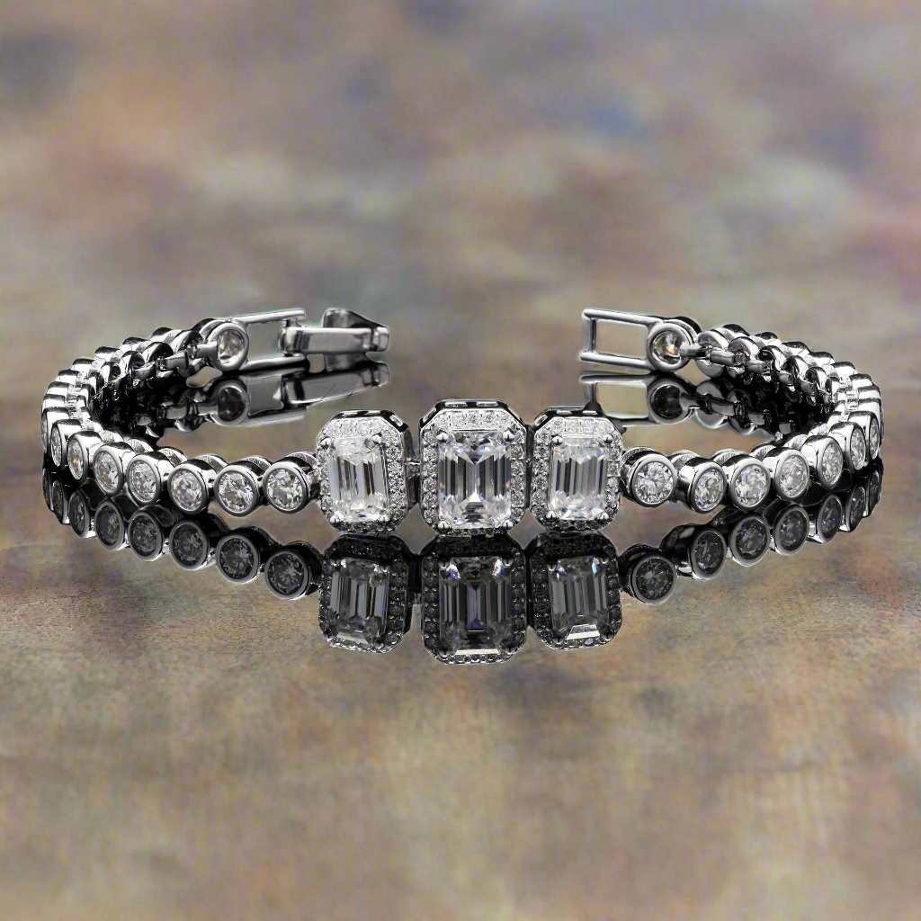 Emerald cut with Pave Moissanite Bracelet in 925 Silver