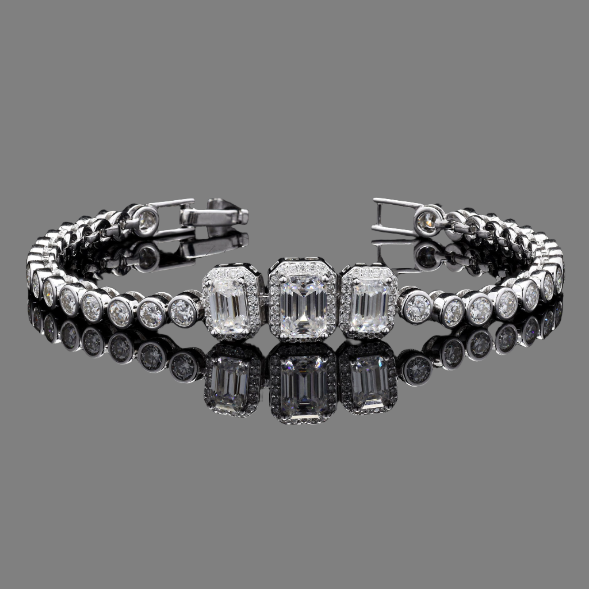 Emerald cut with Pave Moissanite Bracelet in 925 Silver