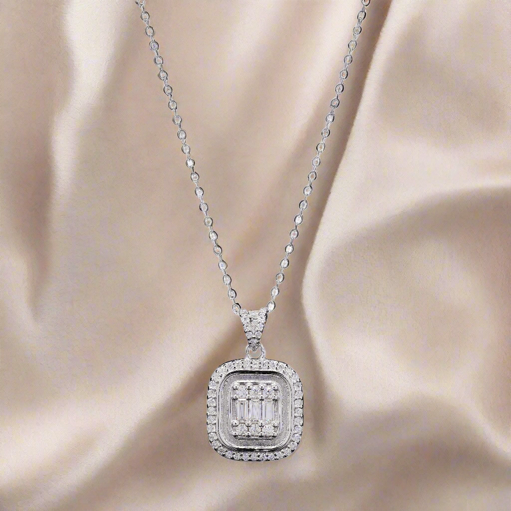 Emerald Shaped Moissanite Pendant in Silver