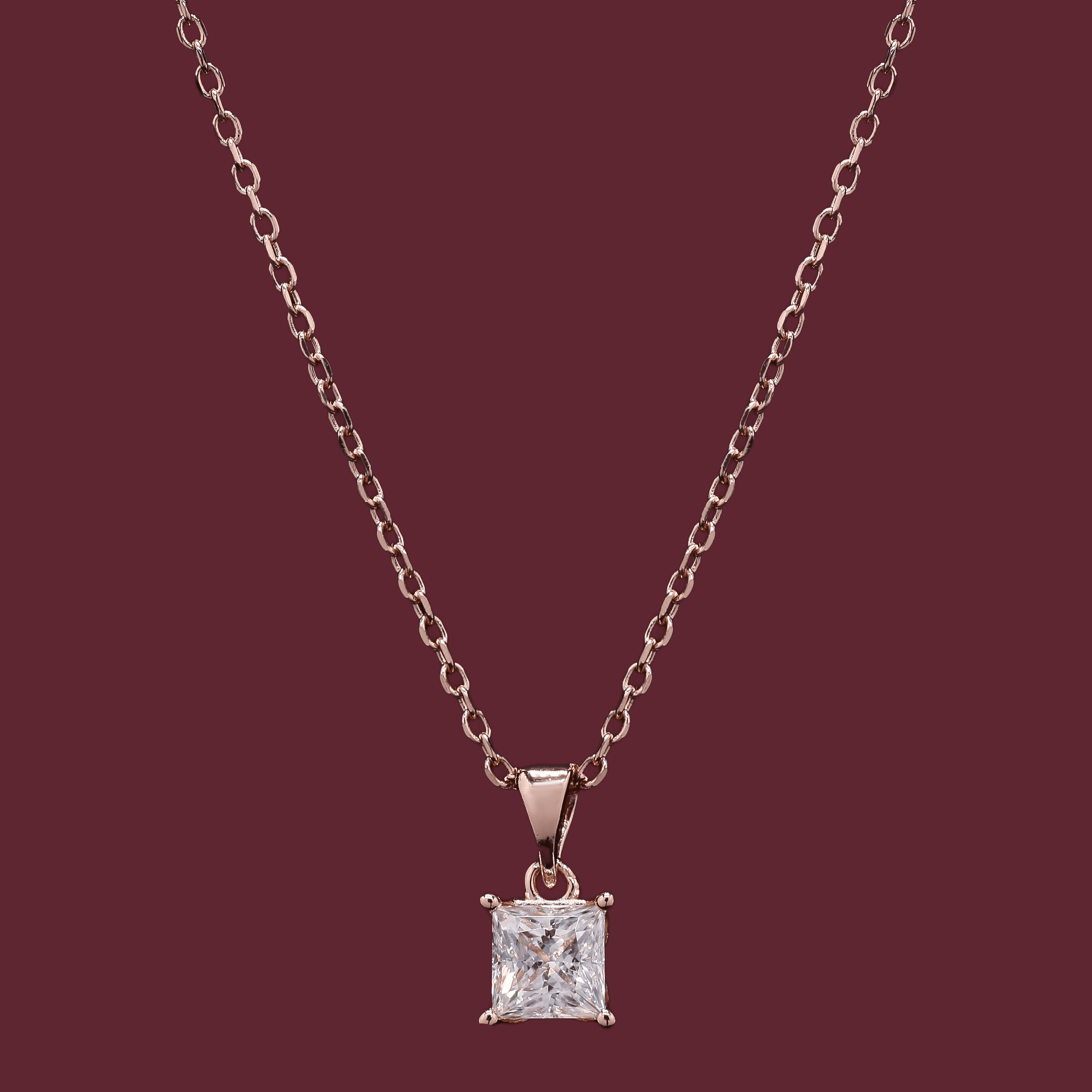 Rose Gold Princess cut Pendant in Moissanite with Silver