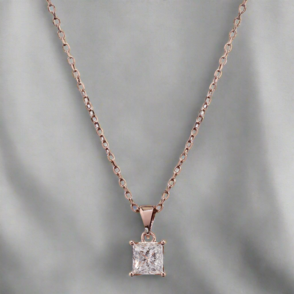 Rose Gold Princess cut Pendant in Moissanite with Silver