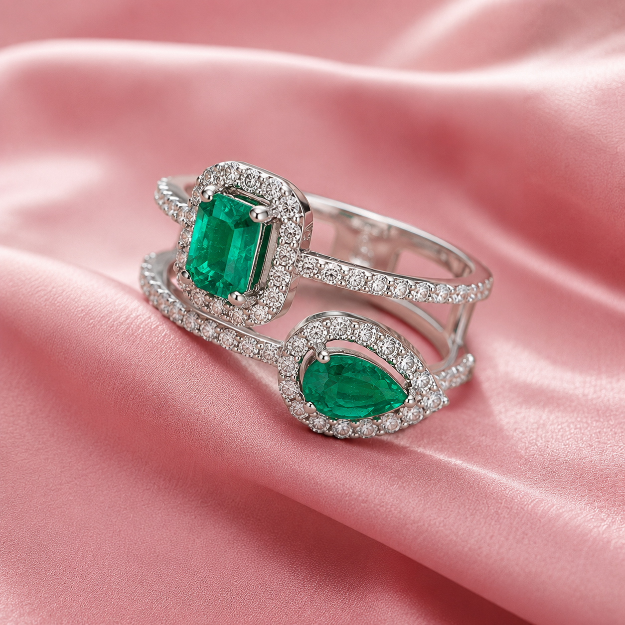 Lab Grown Emerald Baguette Ring in Sterling Silver with Moissanite