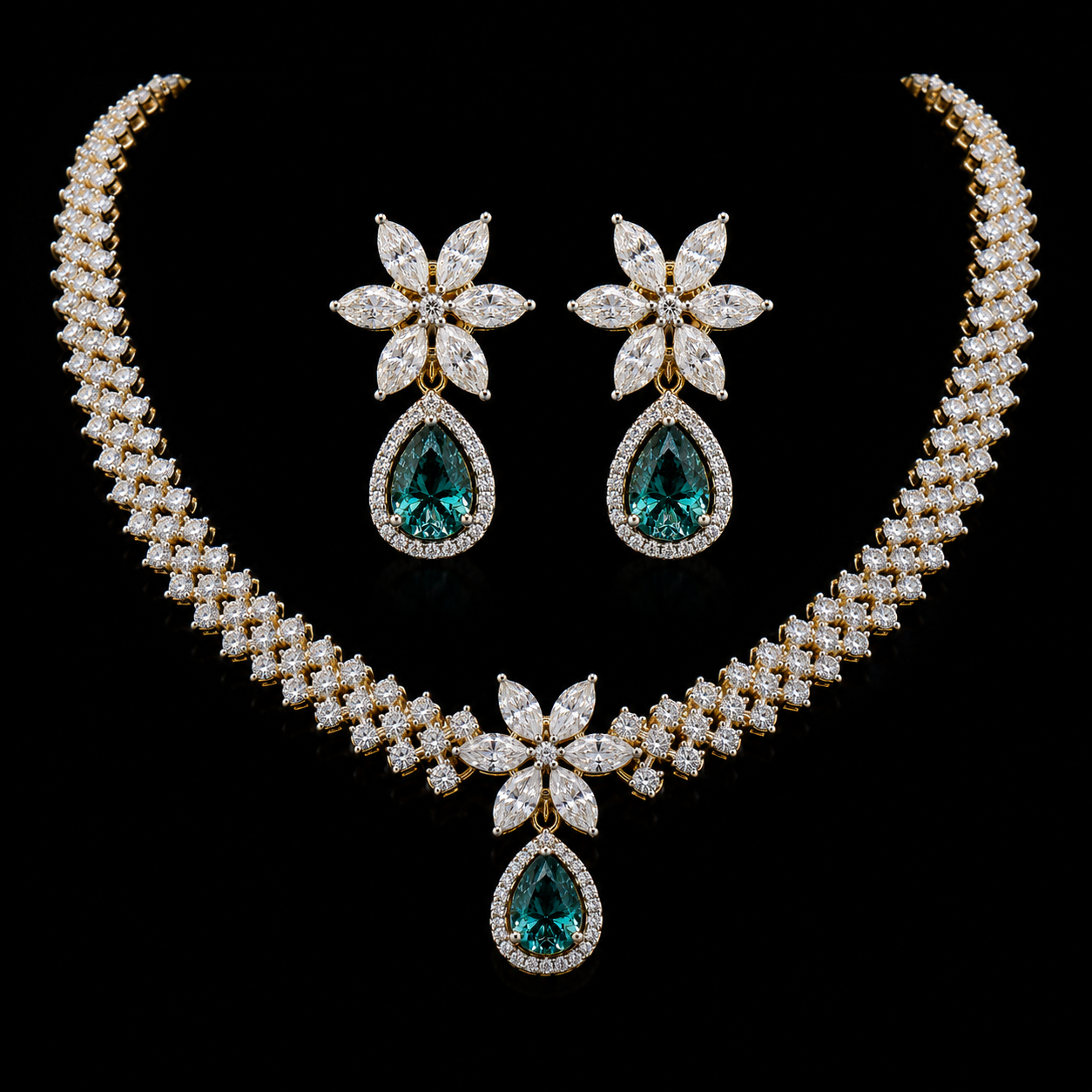 Lab Grown Emerald with Moissanite Floral Drop Necklace Set in Silver, Perfect for wedding