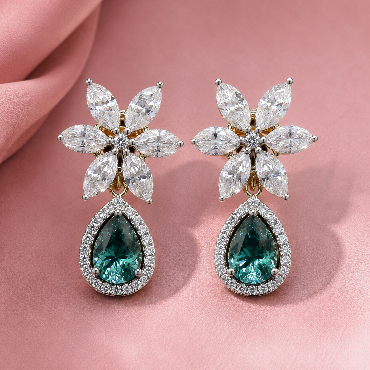 Lab Grown Emerald with Moissanite Floral Drop Necklace Set in Silver, Perfect for wedding
