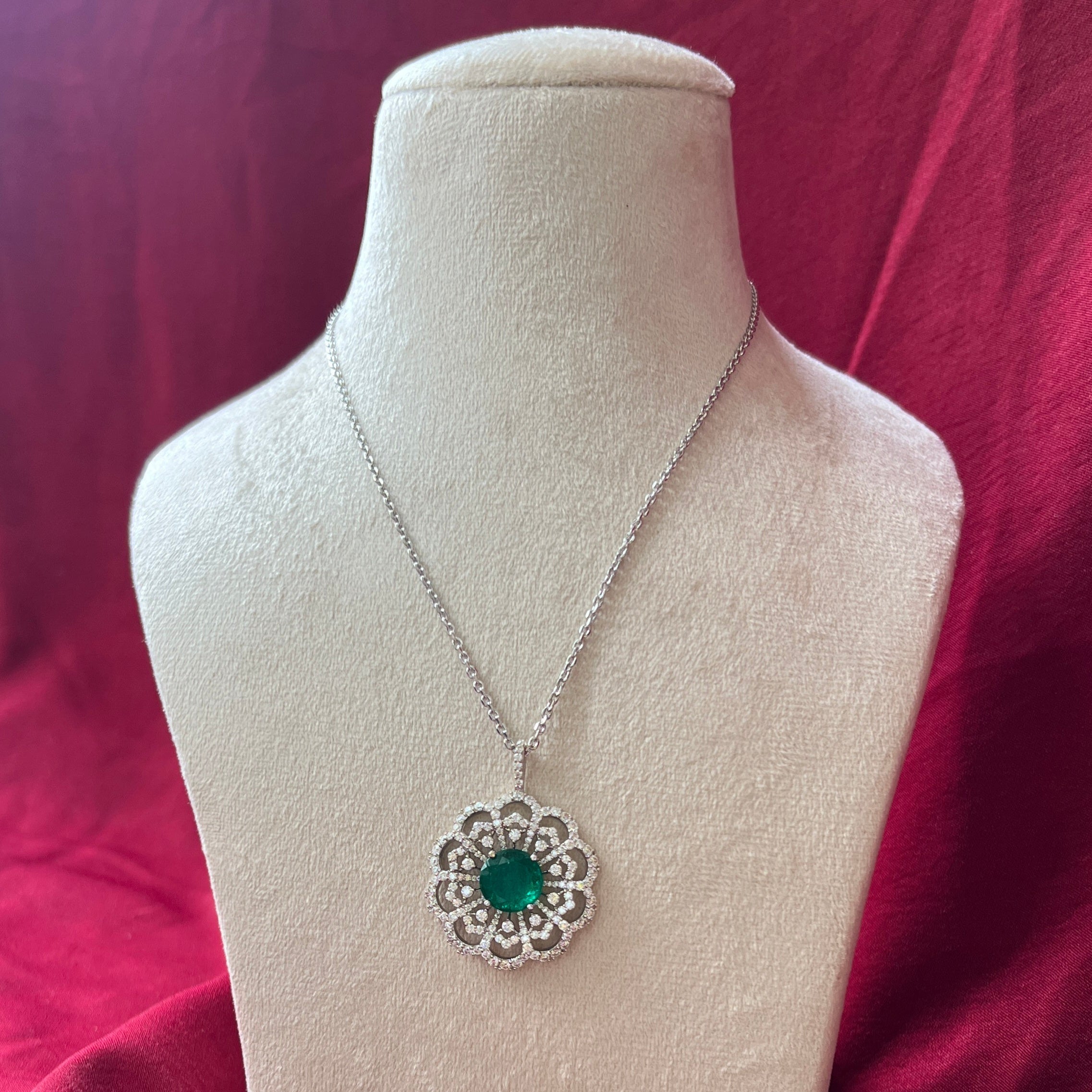 Round Lab Grown Emerald Pendant with Moissanite in Silver