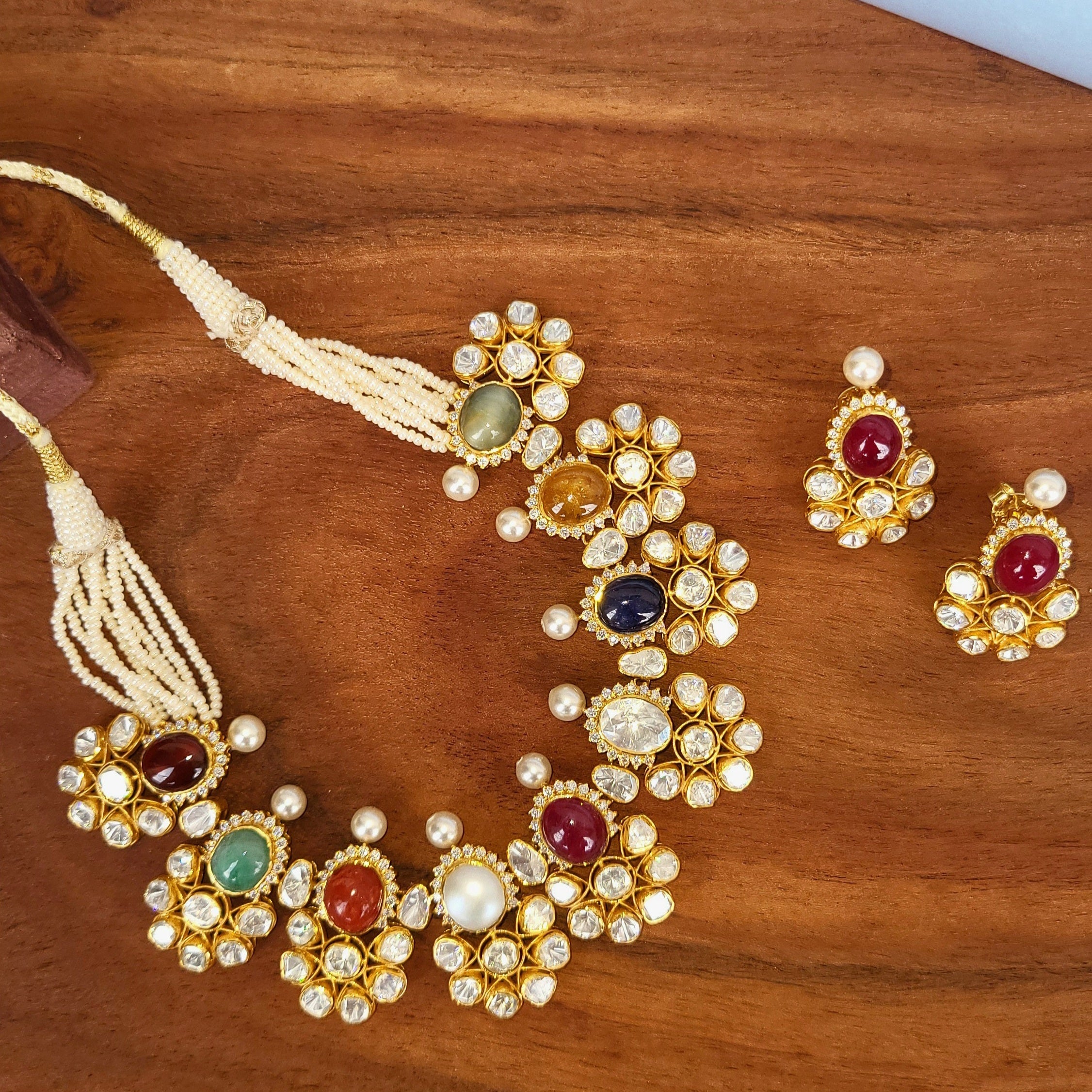 Navratan Necklace in Sterling Silver with Moissanite Polki