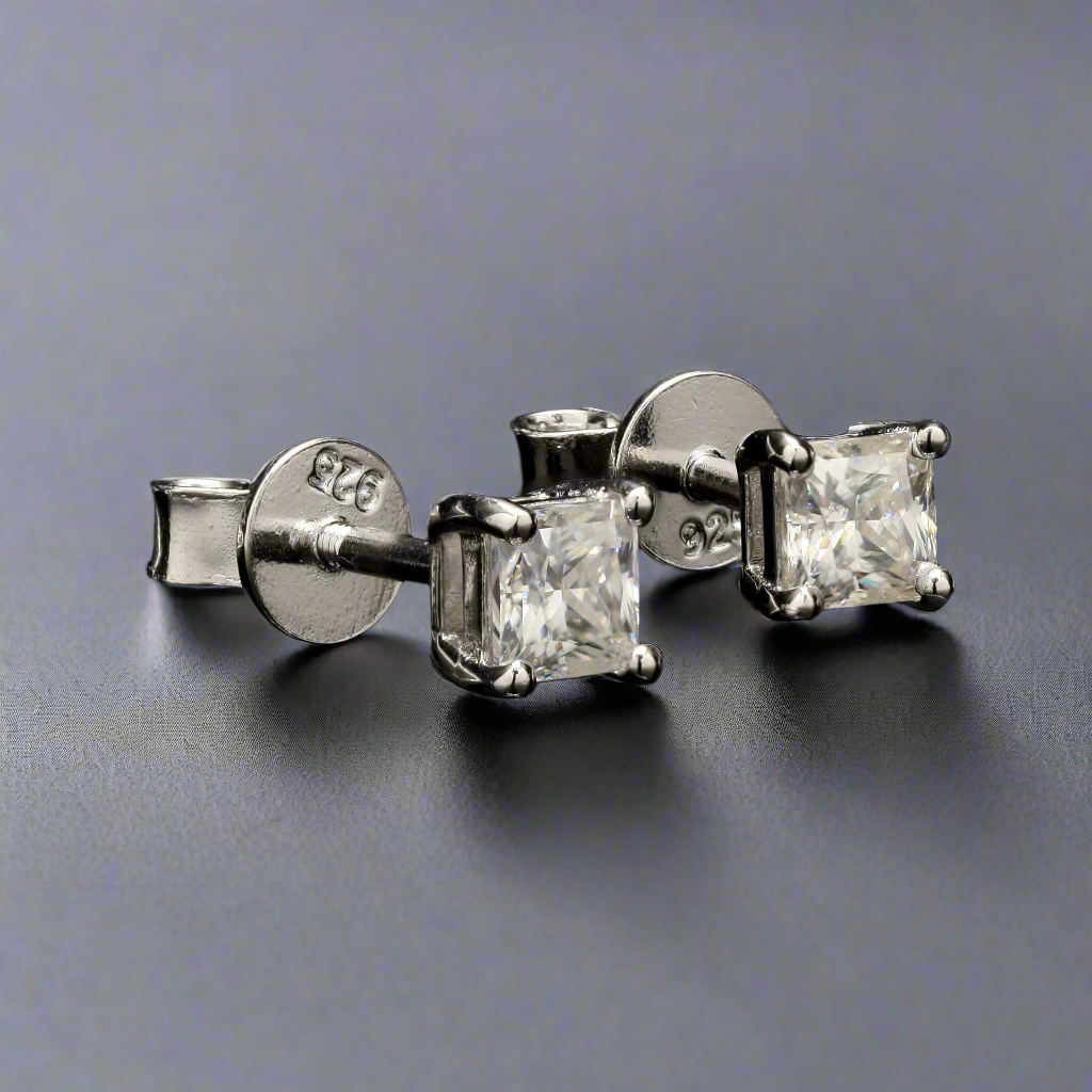 Princess Cut Moissanite Diamond Studs in 925 Sterling Silver