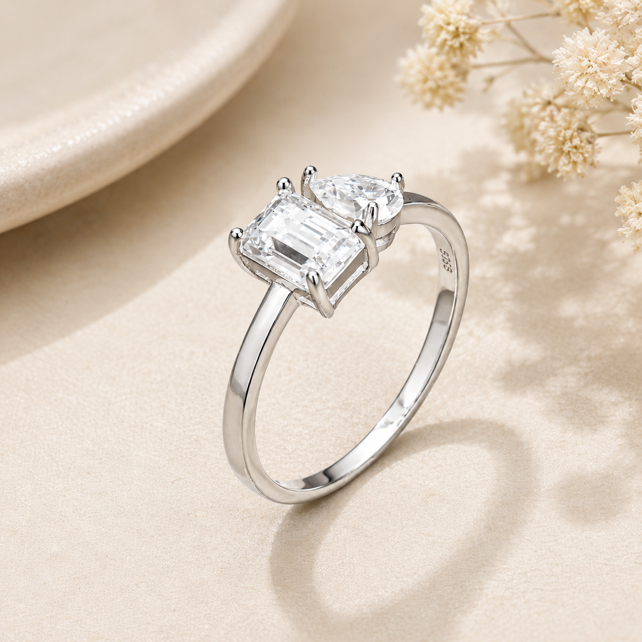 Moissanite Pear and Emerald Toi Et Moi Ring in Sterling Silver