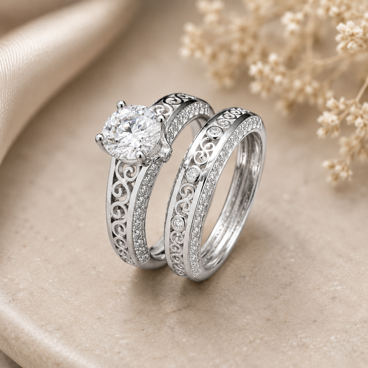 Elegant design Filigree Engagement Ring with Moissanite in Sterling Silver