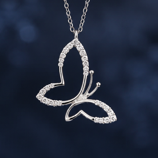 Cute Butterfly Pendant in Sterling Silver with Moissanite