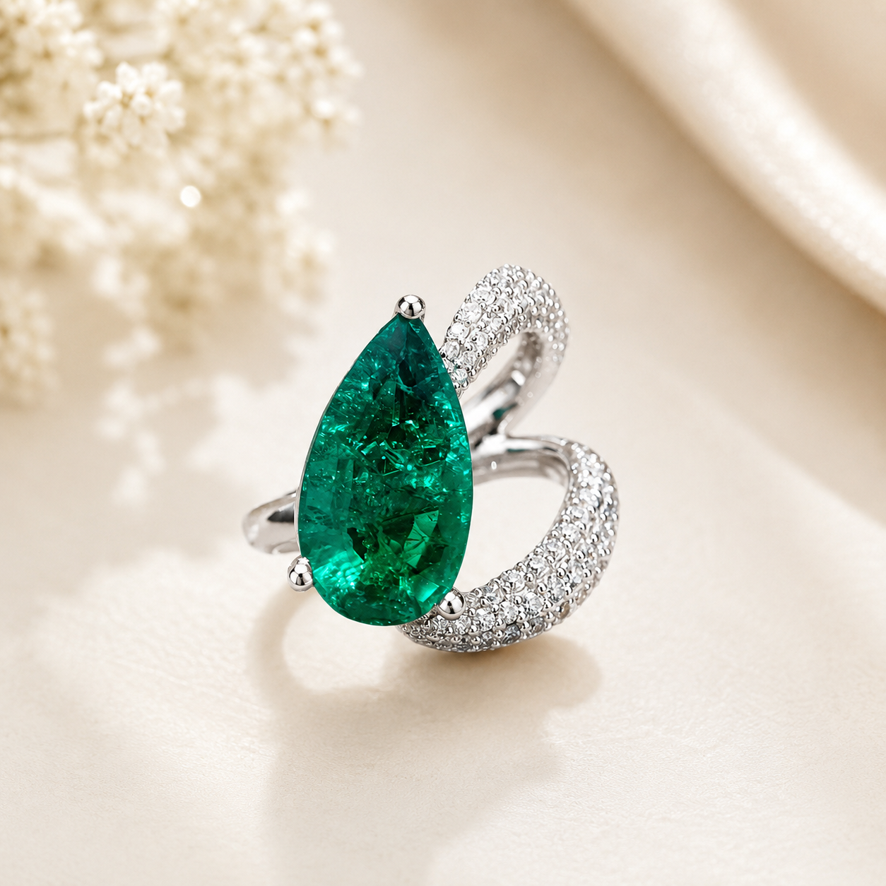 Pear shape Lab Grown Emerald Ring with Moissanite and Sterling Silver