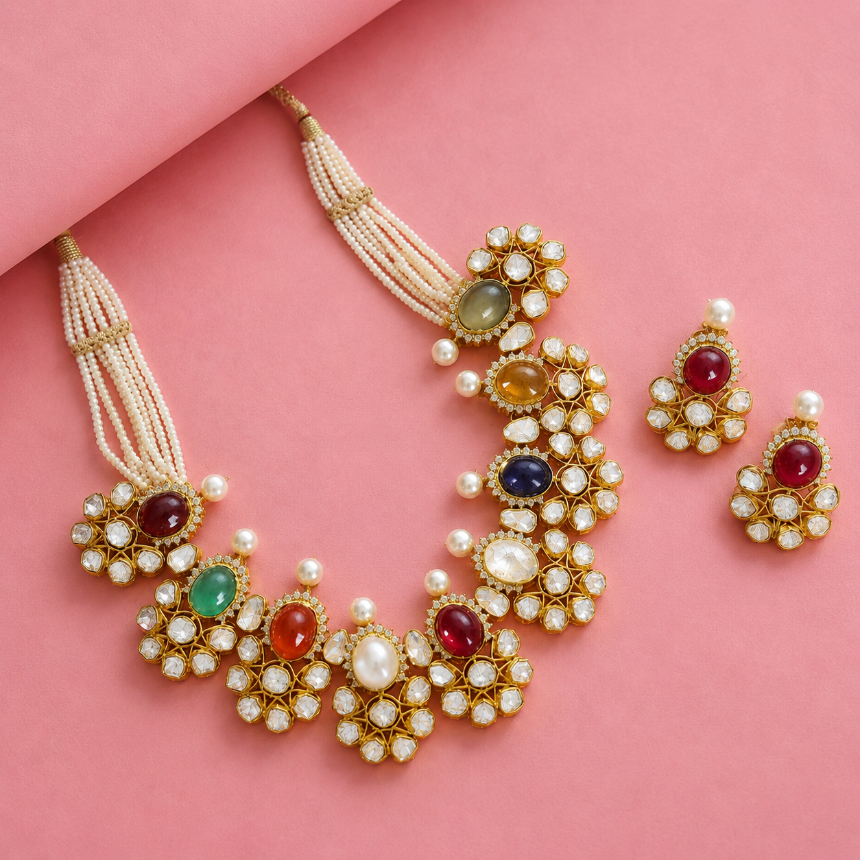 Navratan Necklace in Sterling Silver with Moissanite Polki
