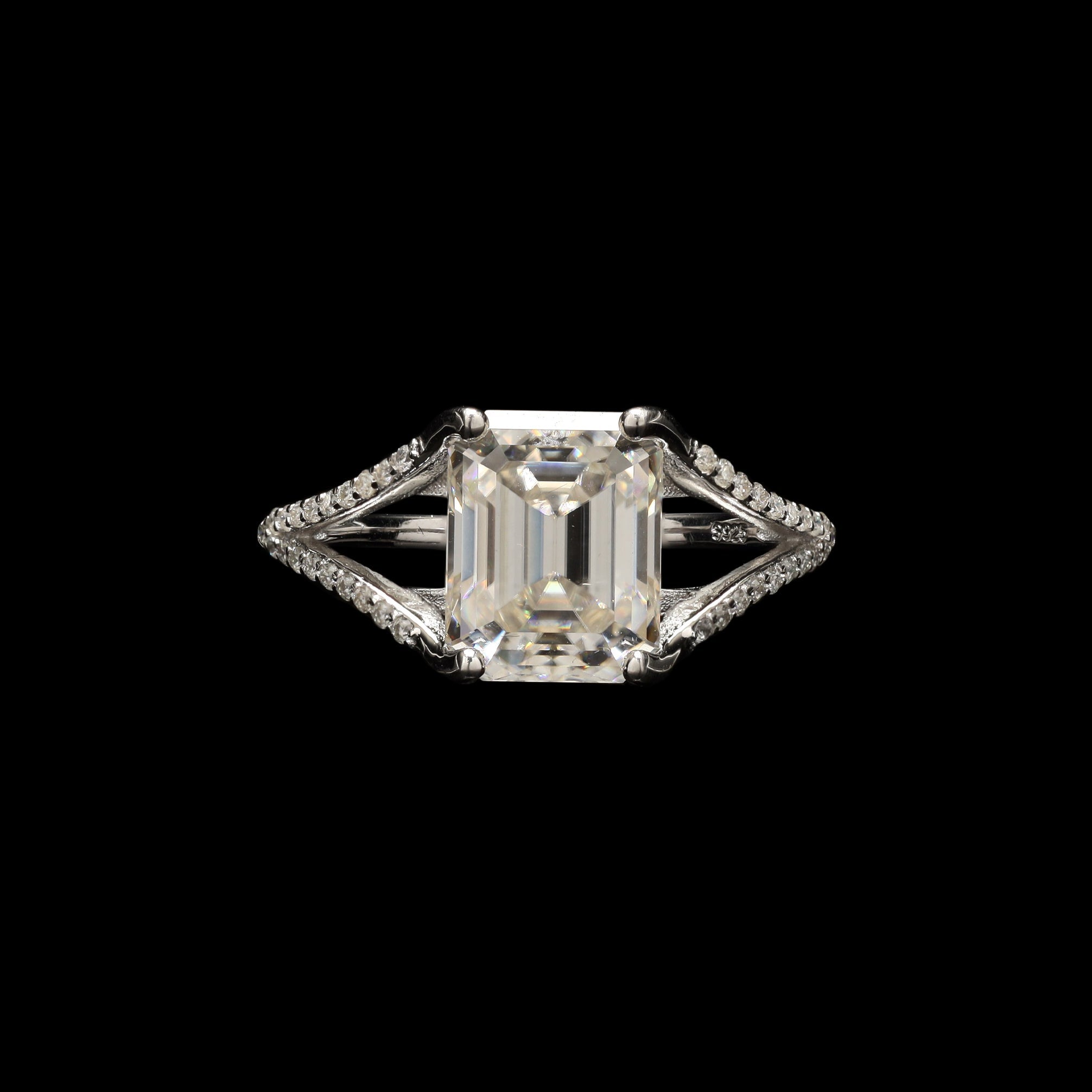 Emerald Cut Split Shank Ring with Moissanite in Sterling Silver