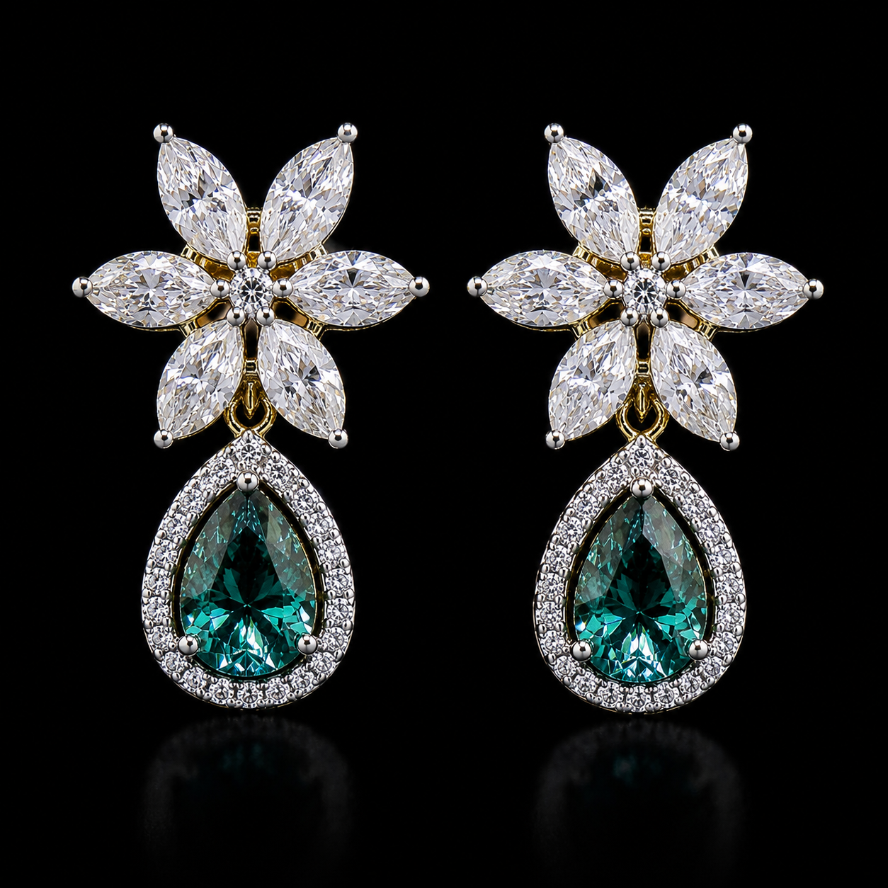 Lab Grown Emerald with Moissanite Floral Drop Necklace Set in Silver, Perfect for wedding