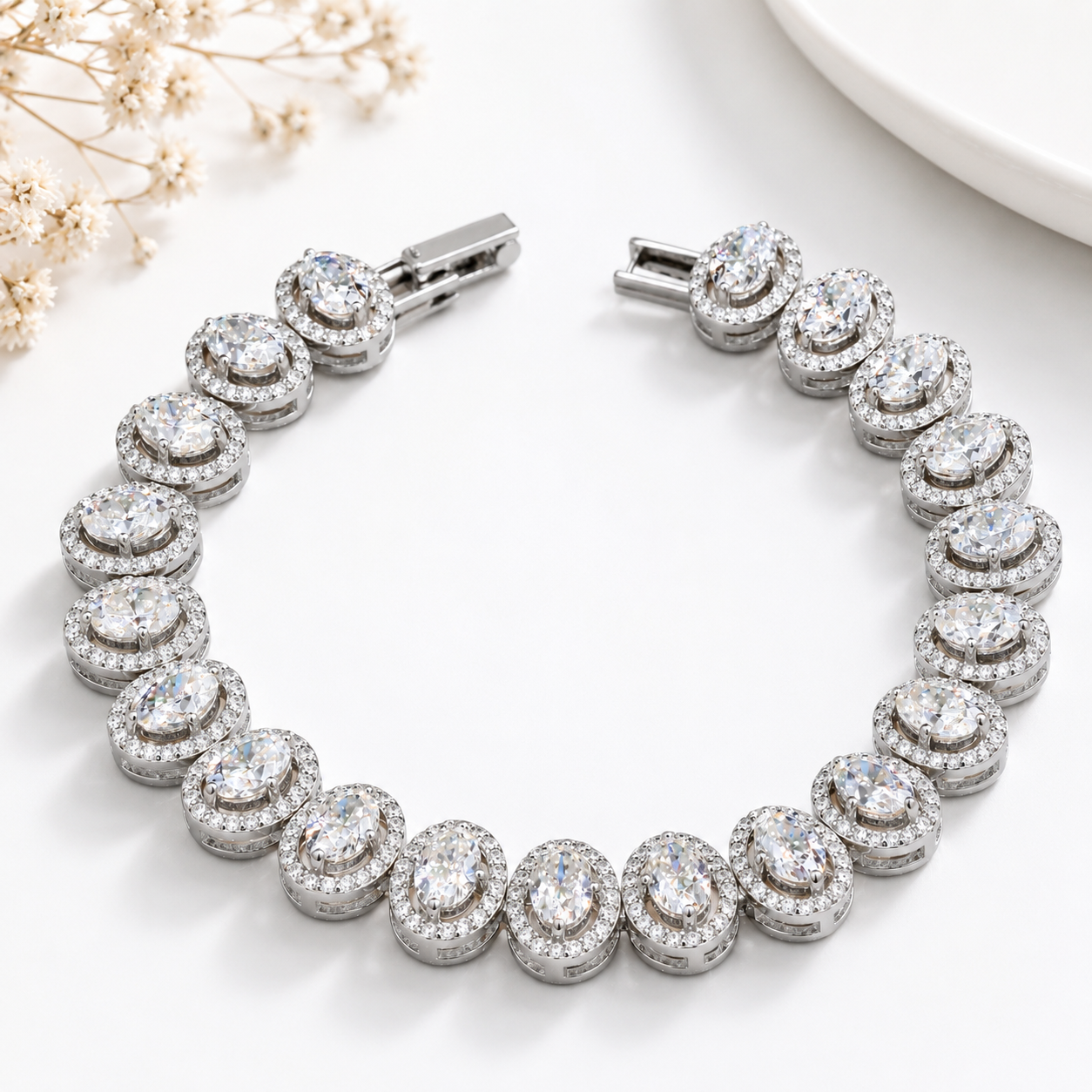 925 Silver Seraphina Oval Halo Moissanite Tennis Bracelet in Moissanite Diamond