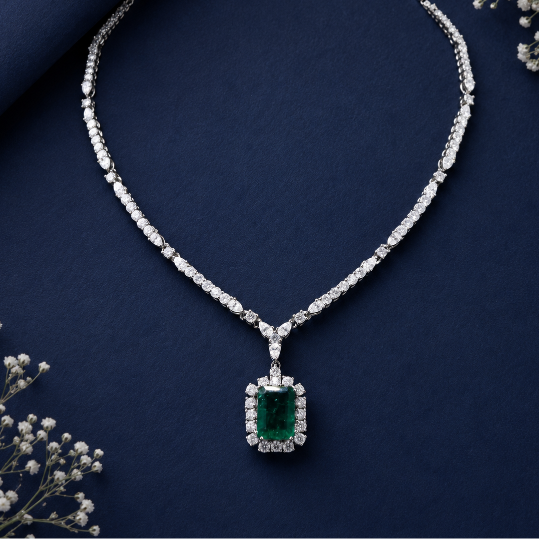 Emerald Luxe Moissanite Statement Necklace with Lab Grown Emerald in 92.5 Silver