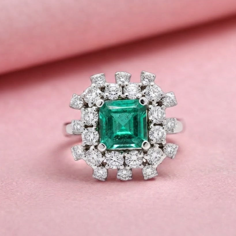 Designer Moissanite and Emerald Statement Ring in Sterling Silver