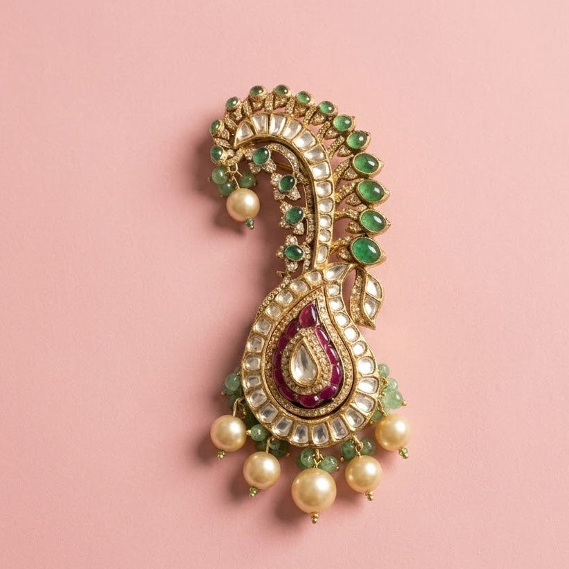 Green Kundan Polki Kalangi cum Brooch In Sterling Silver for him