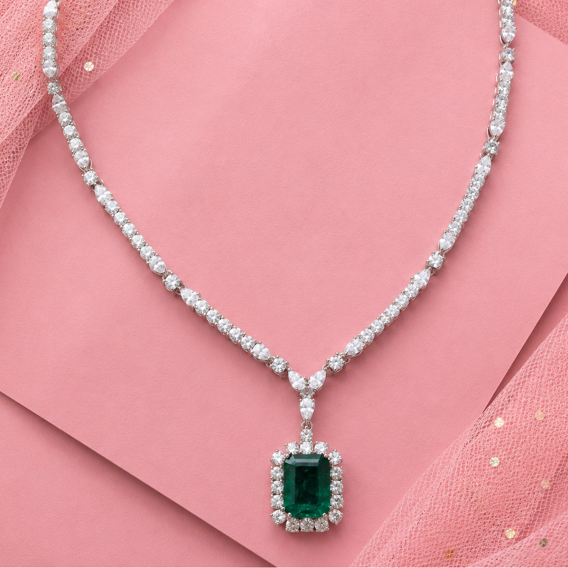 Emerald Luxe Moissanite Statement Necklace with Lab Grown Emerald in 92.5 Silver