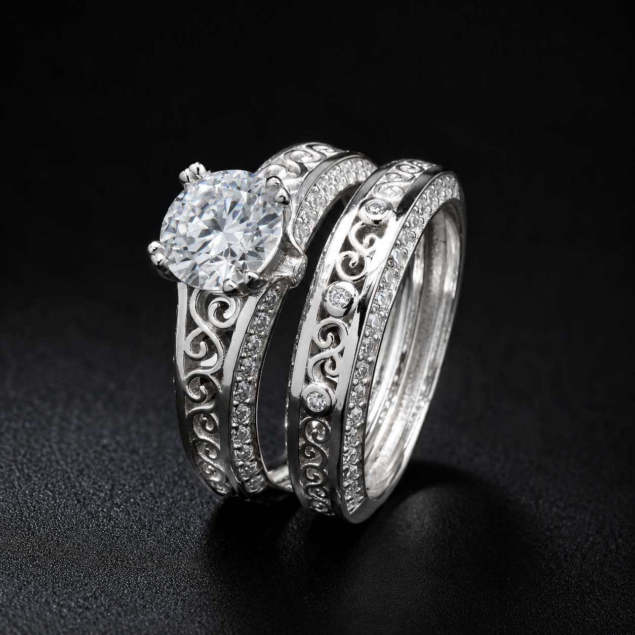 Elegant design Filigree Engagement Ring with Moissanite in Sterling Silver