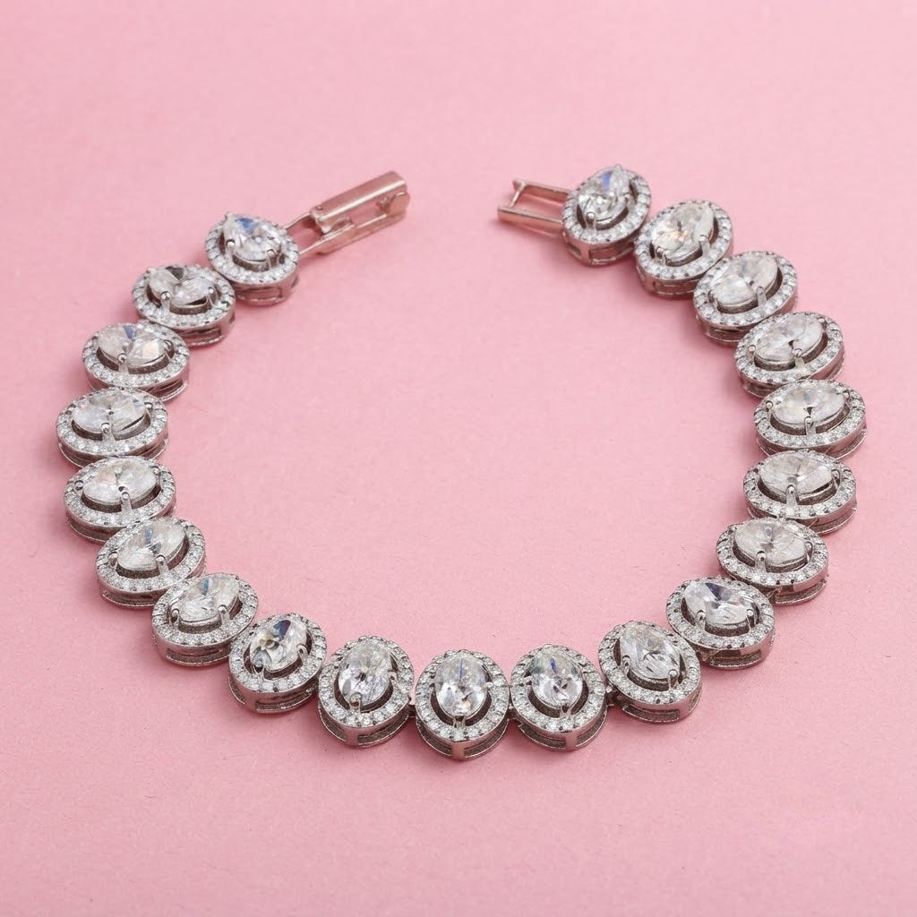 925 Silver Seraphina Oval Halo Moissanite Tennis Bracelet in Moissanite Diamond