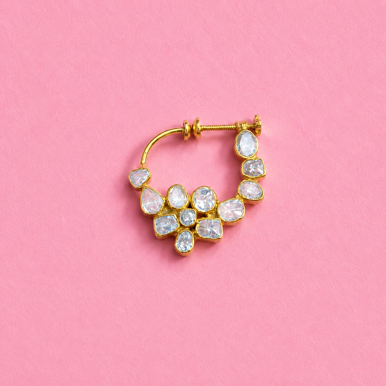 Designer Bridal Screw Nose Ring (Nath) in 925 Silver with Moissanite Polki & Gold Rhodium