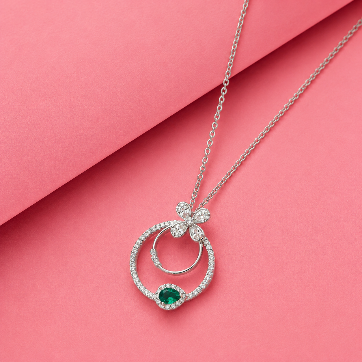 Double Round Lab Grown Emerald Pendant with Moissanite and Sterling Silver