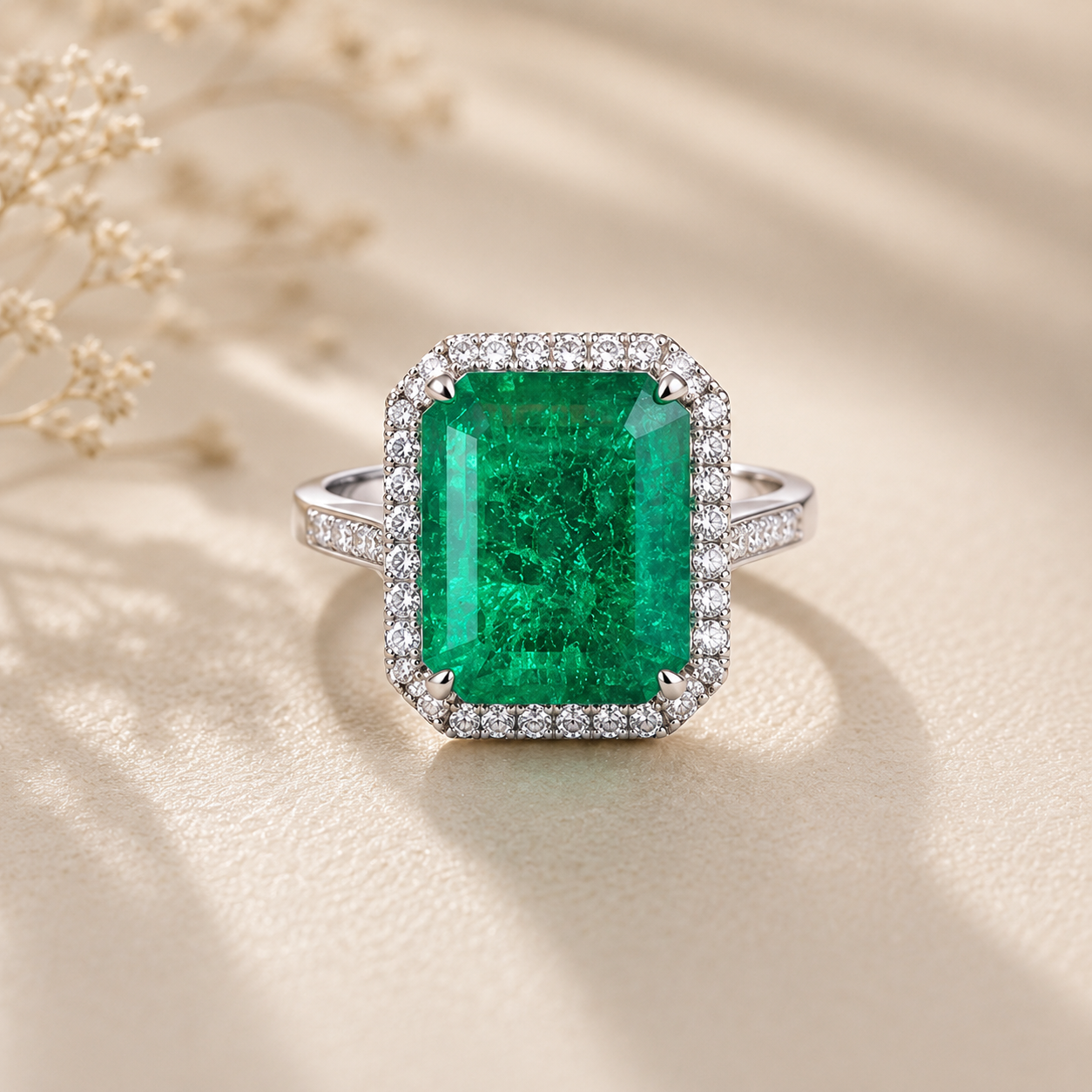 Lab Grown Emerald & Moissanite Fancy Ring in 925 Sterling Silver