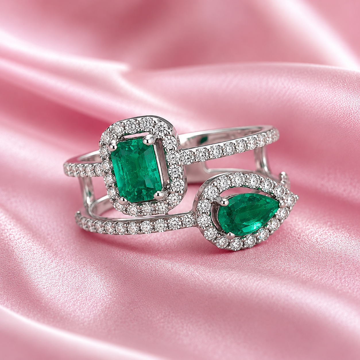 Lab Grown Emerald Baguette Ring in Sterling Silver with Moissanite