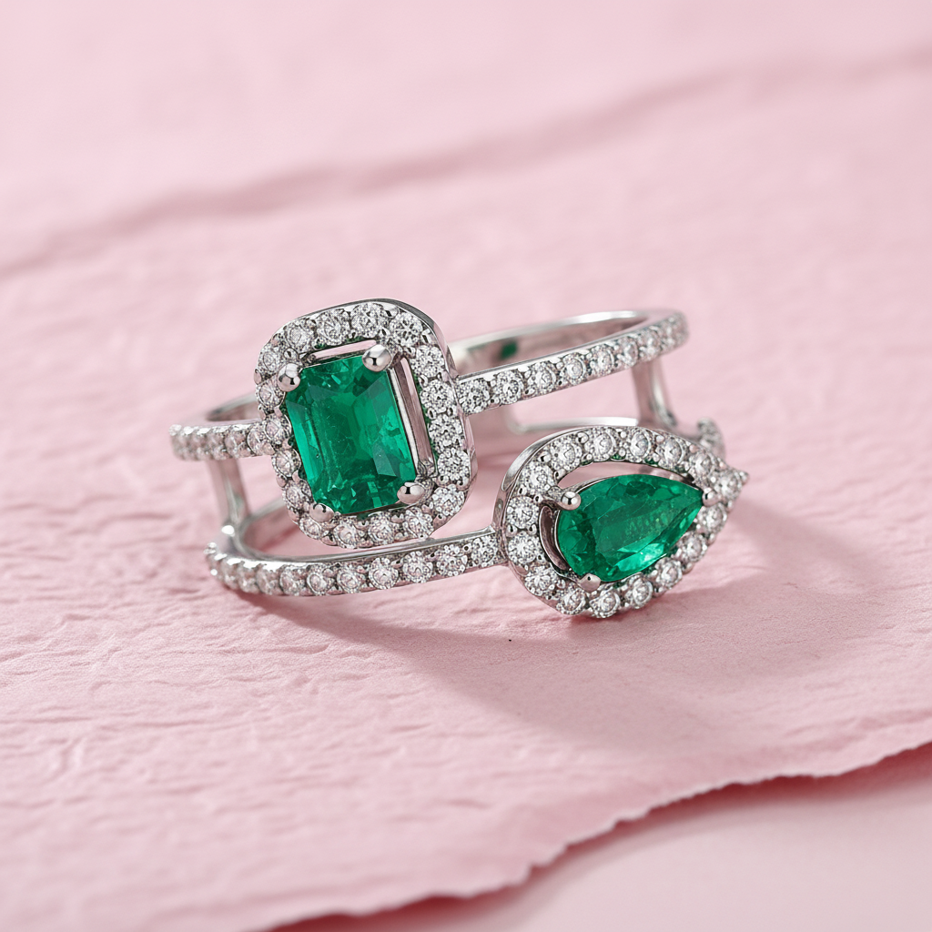 Lab Grown Emerald Baguette Ring in Sterling Silver with Moissanite