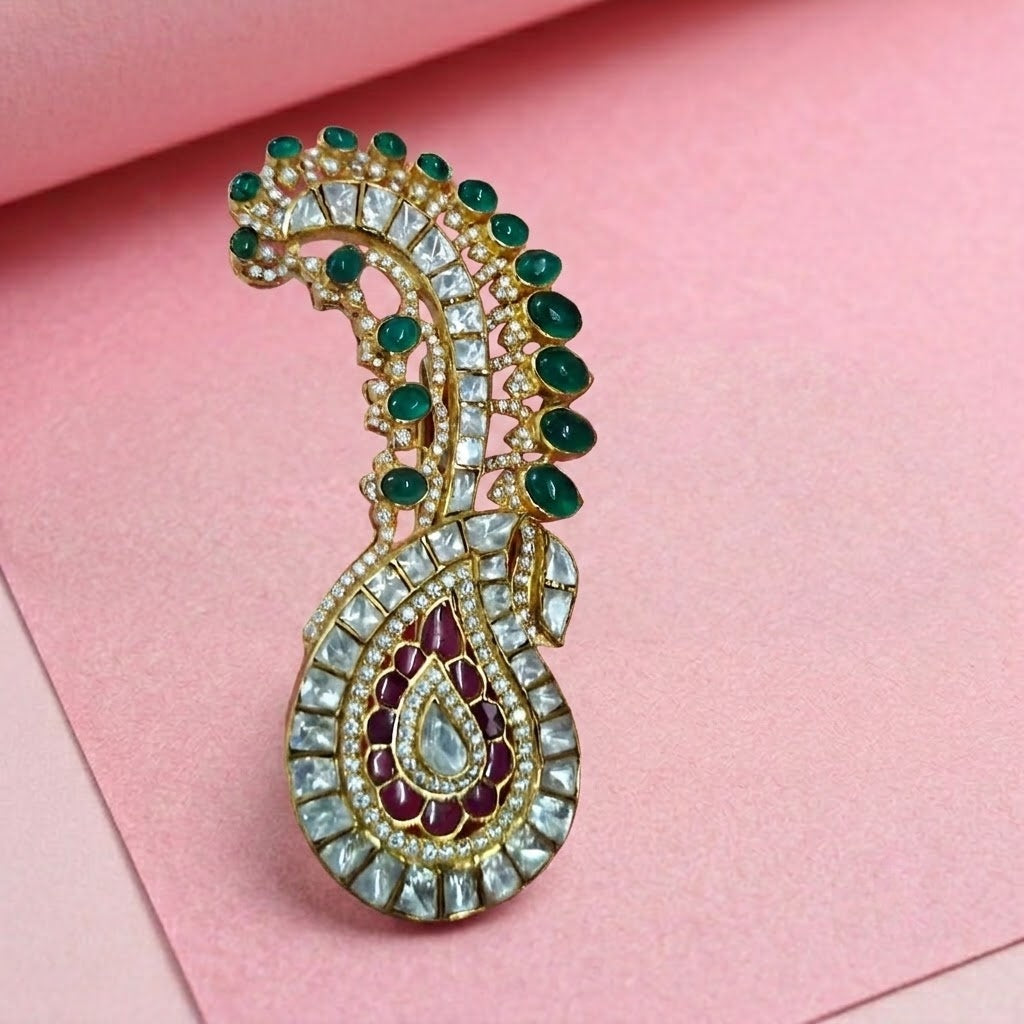 Green Kundan Polki Kalangi cum Brooch In Sterling Silver for him