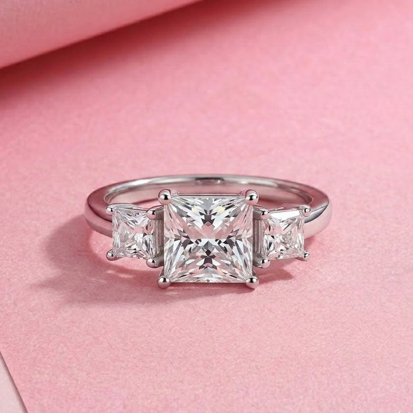 3 stone Princess cut Engagement Ring in Moissanite and Sterling Silver