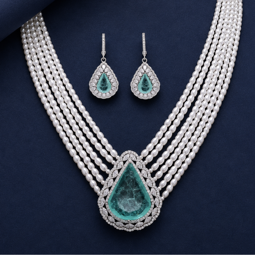 Forever Royale Lab-Grown Emerald, Moissanite and Pearl Necklace in Silver